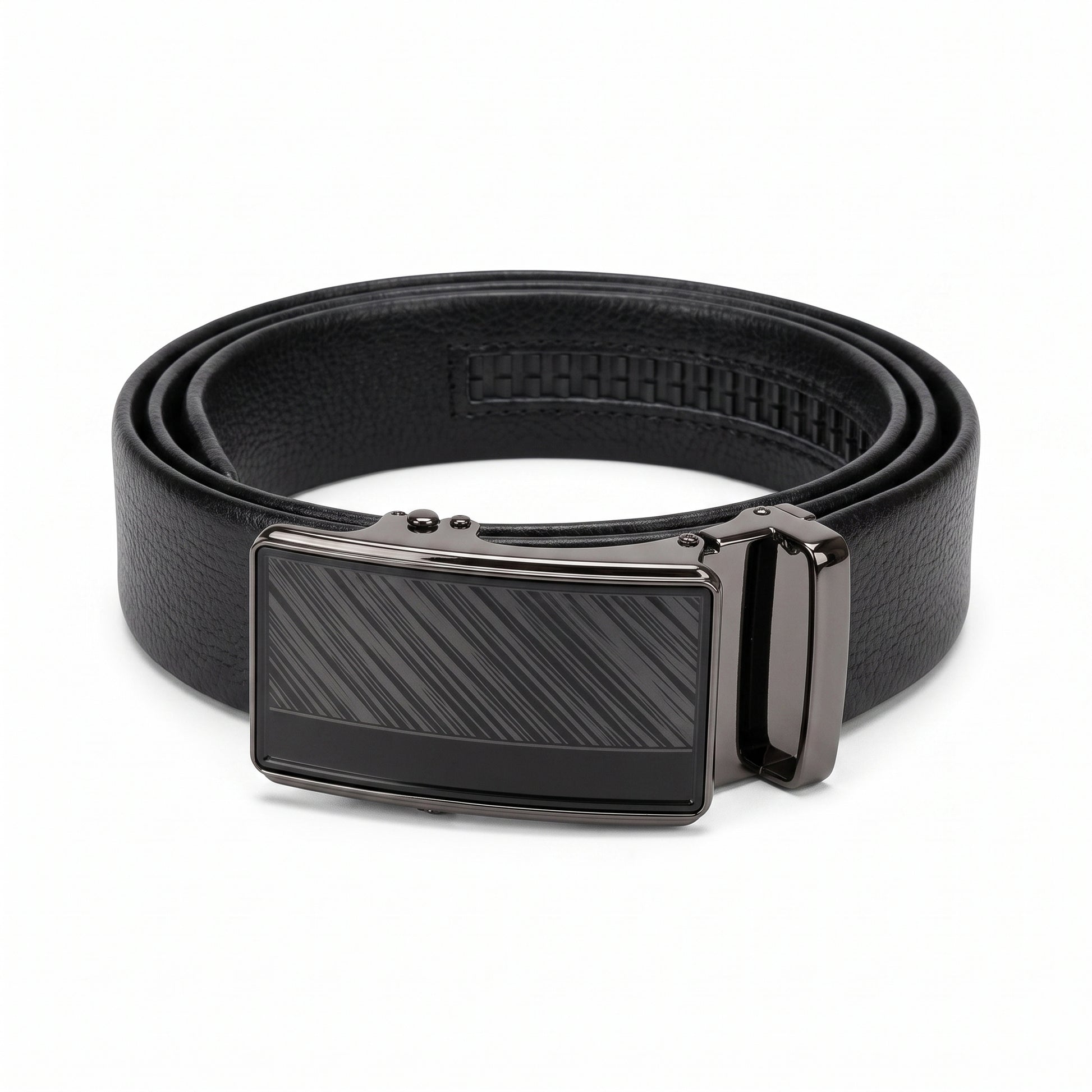 Rolled black men's leather belt with a gunmetal automatic ratchet buckle on a white background