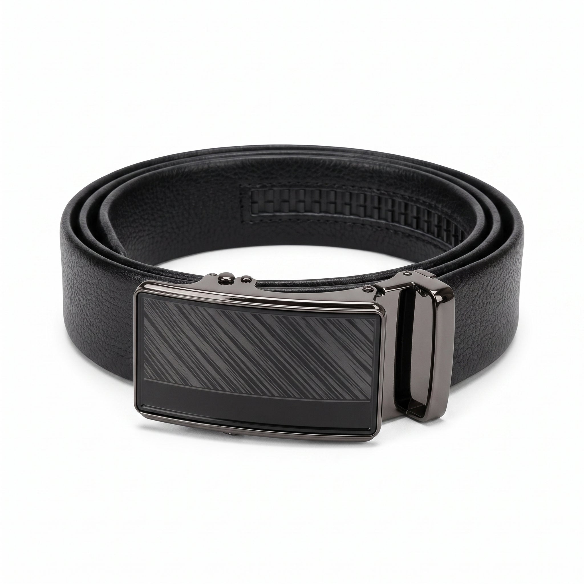 Rolled black men's leather belt with a gunmetal automatic ratchet buckle on a white background