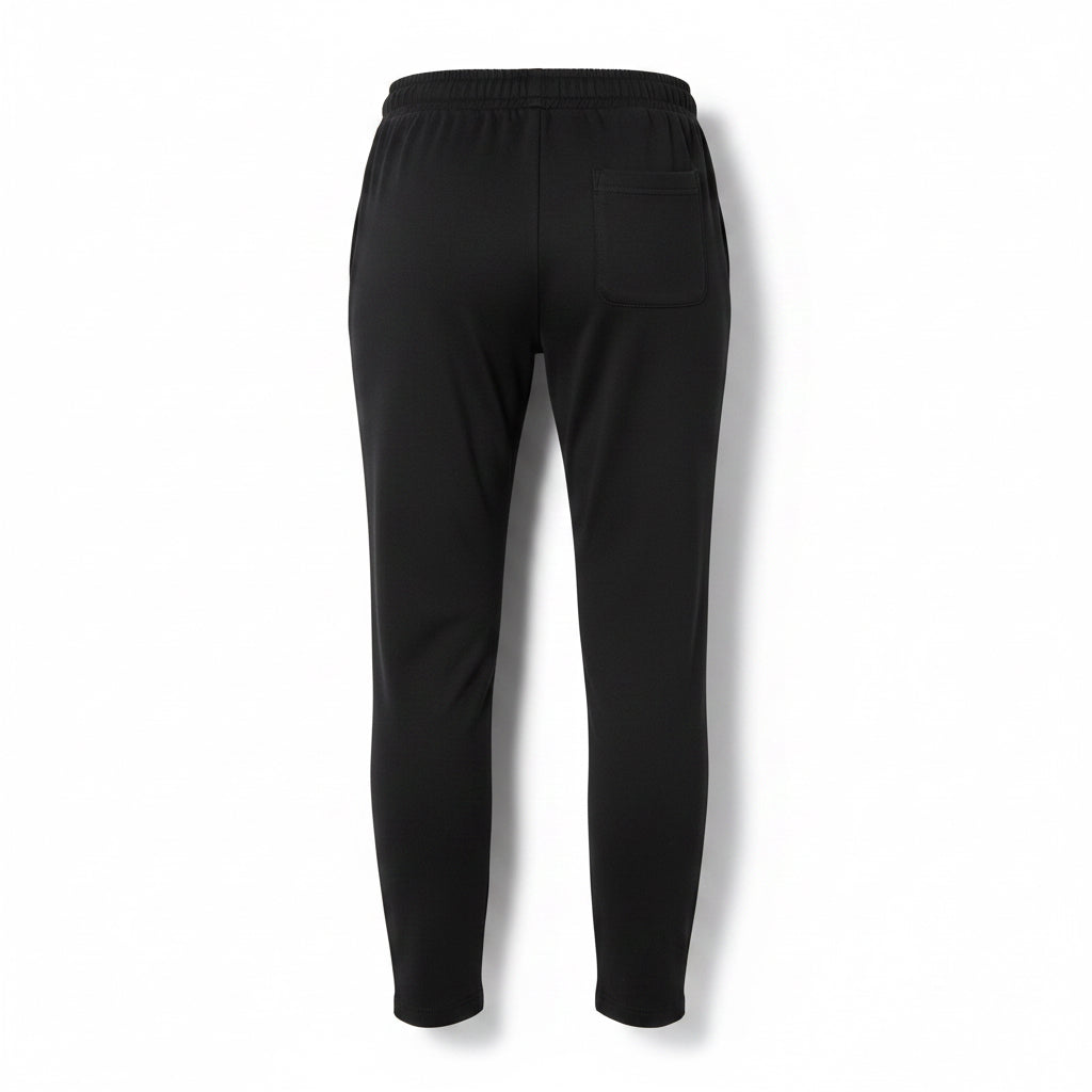 Mens black casual sweatpants with an adjustable drawstring waistband and secure zipper pockets