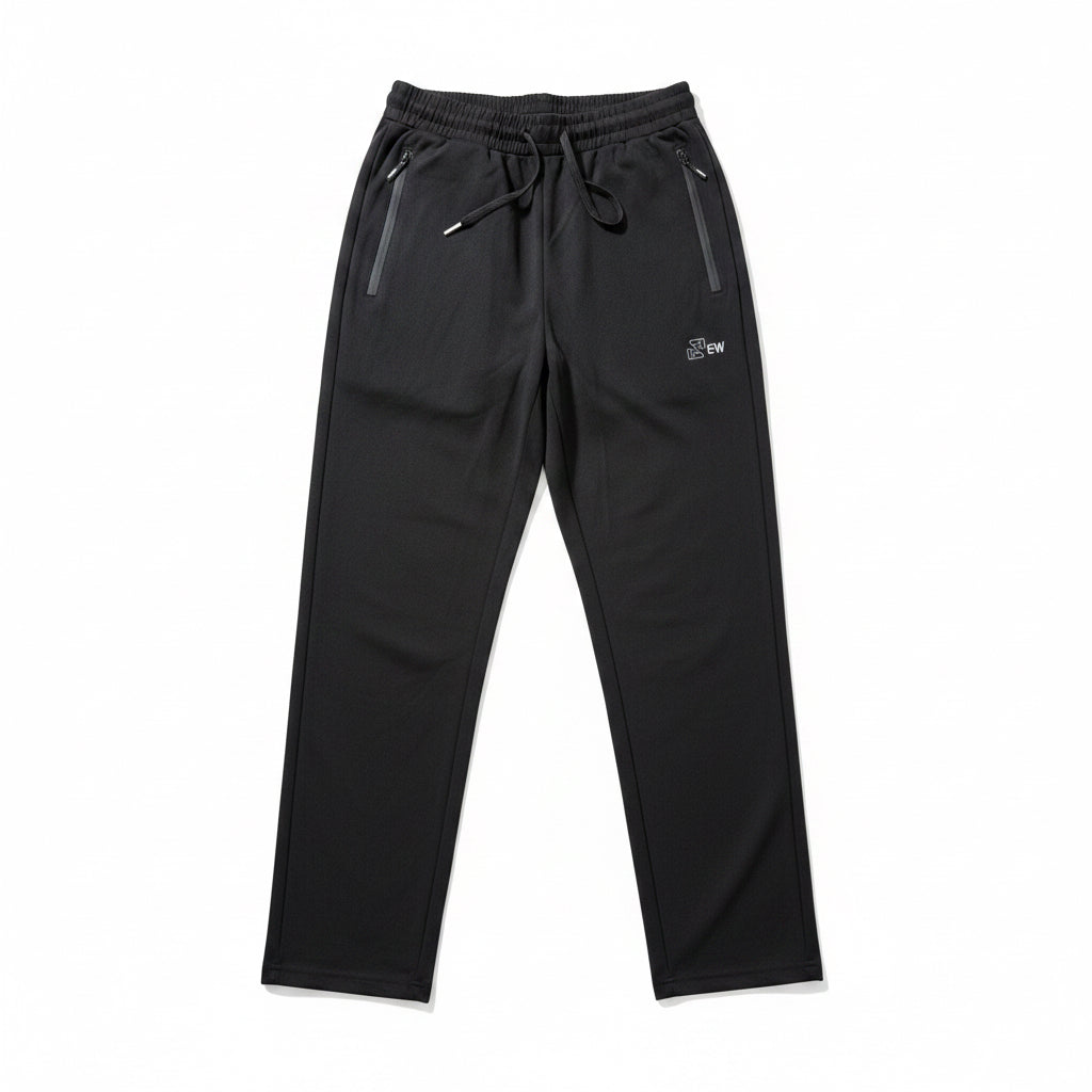 Mens black casual sweatpants with an adjustable drawstring waistband and secure zipper pockets