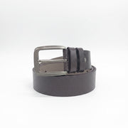 Mens brown leather casual belt with a textured strap and a silver single prong metal buckle