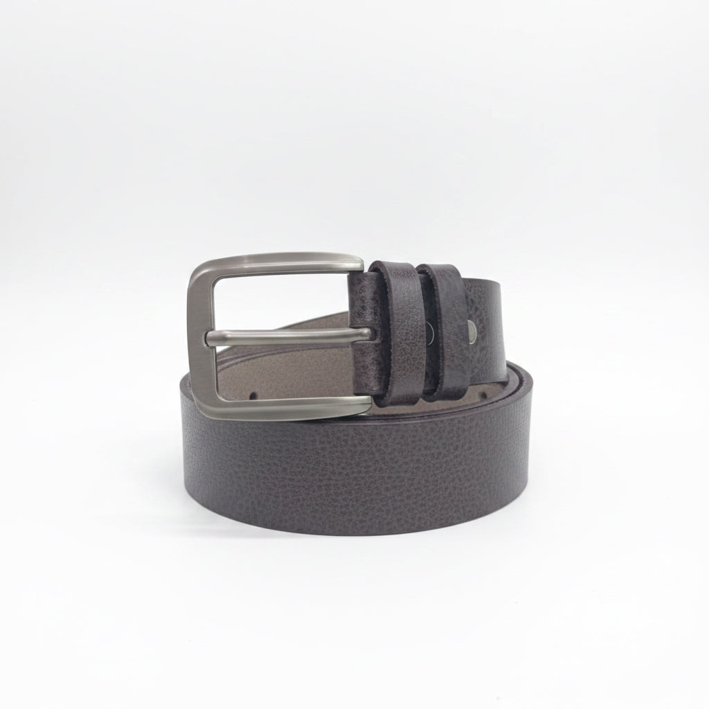 Mens brown leather casual belt with a textured strap and a silver single prong metal buckle