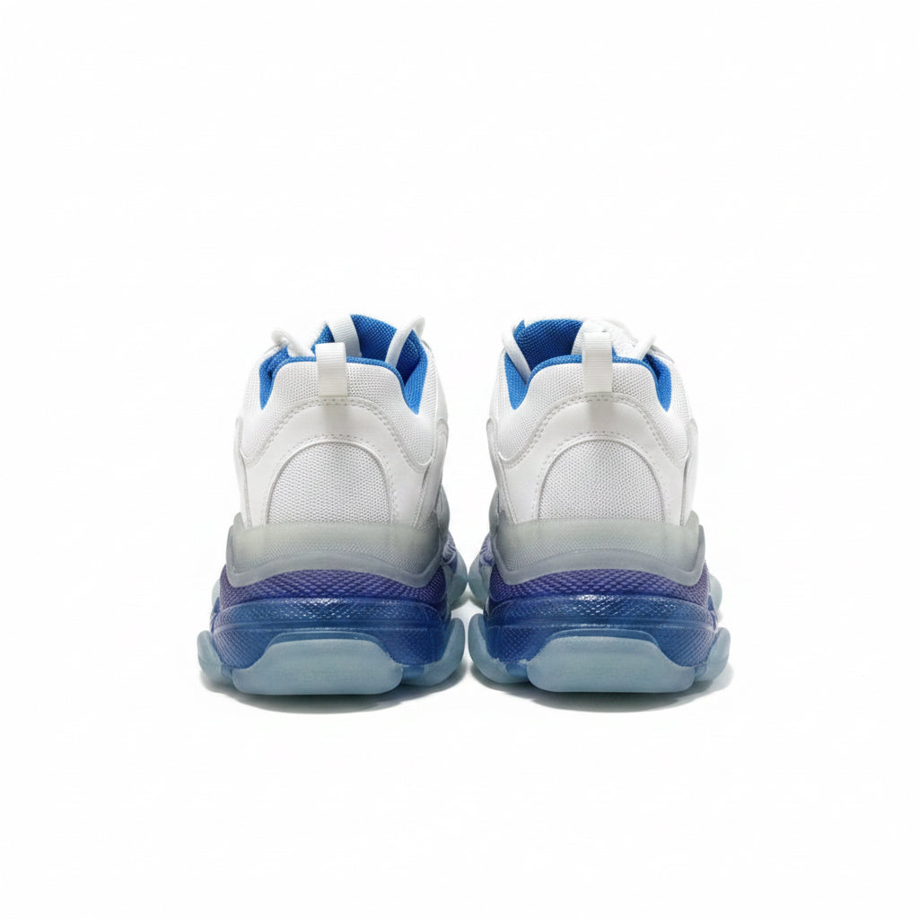 Chunky platform sneakers for men in white and blue back view showing padded heel support