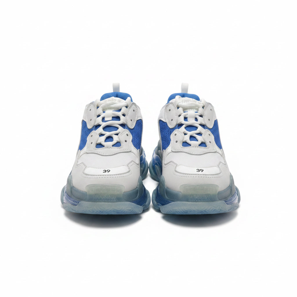 Chunky platform sneakers for men in white and blue front view showing size 39 detailing