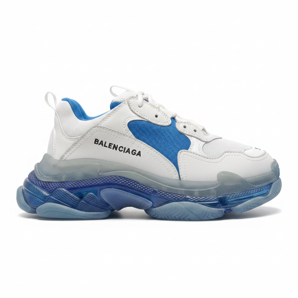 Chunky platform sneakers for men in white and blue side view showing thick transparent sole