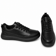 Men's black classic lace-up sneakers with smooth-finish upper, stitched panels and matching black sole – side view