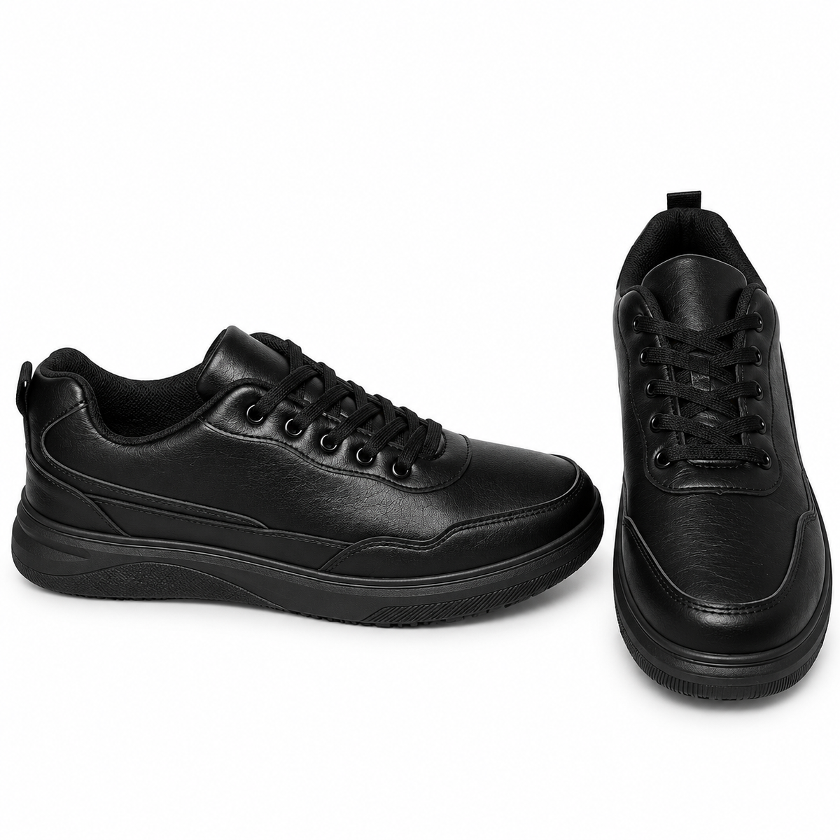 Men's black classic lace-up sneakers with smooth-finish upper, stitched panels and matching black sole – side view