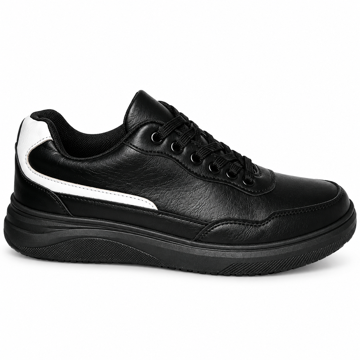 Men's white and black classic lace-up sneakers with contrasting heel accents, white laces and layered sole – side view