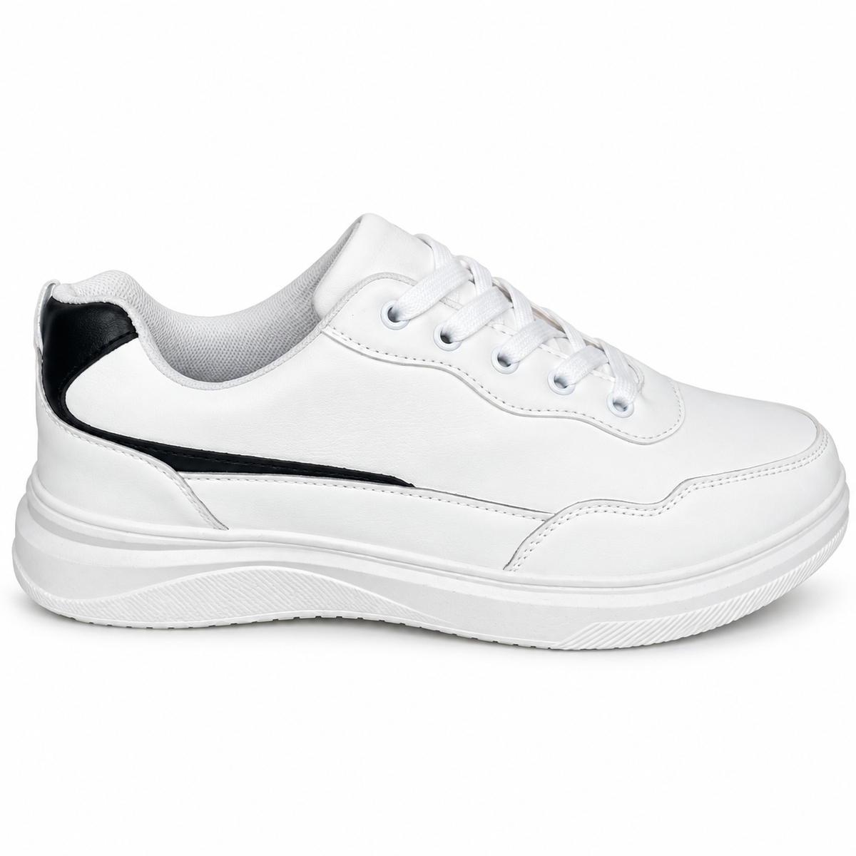 Men's white classic lace-up sneakers with smooth-finish upper, rounded toe and white sole – side view