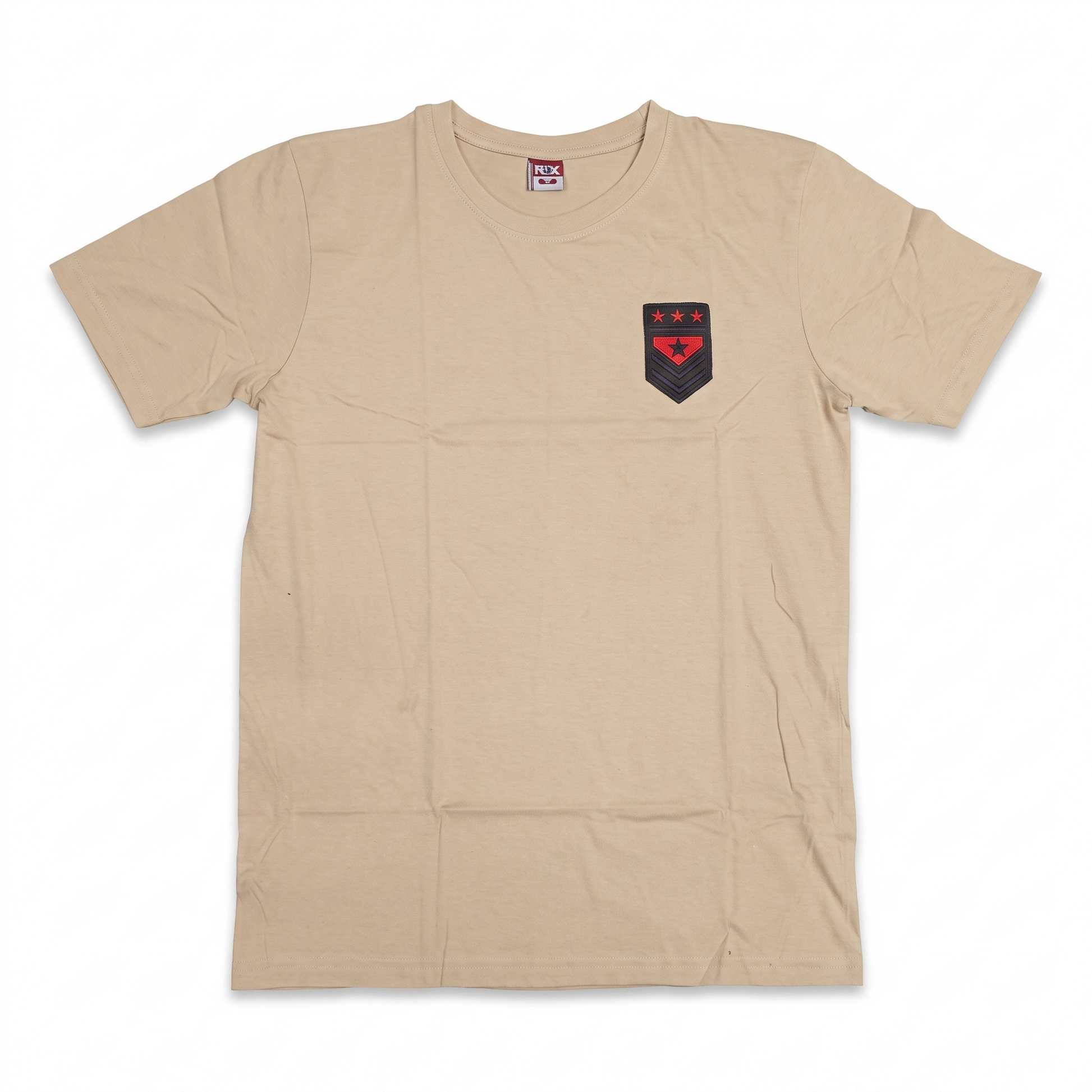 Beige men's crew neck short sleeve T-shirt with insignia chest patch