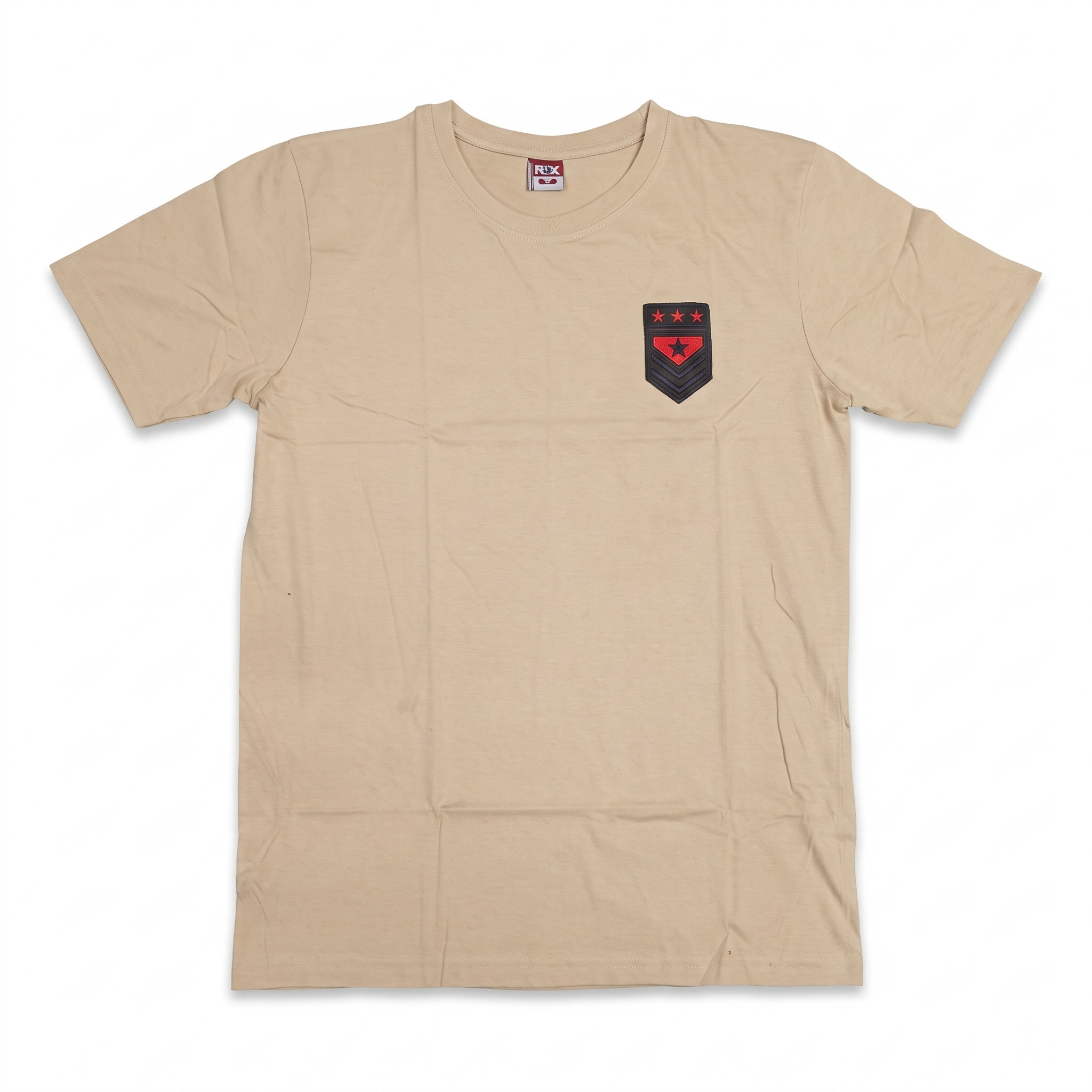 Beige men's crew neck short sleeve T-shirt with insignia chest patch