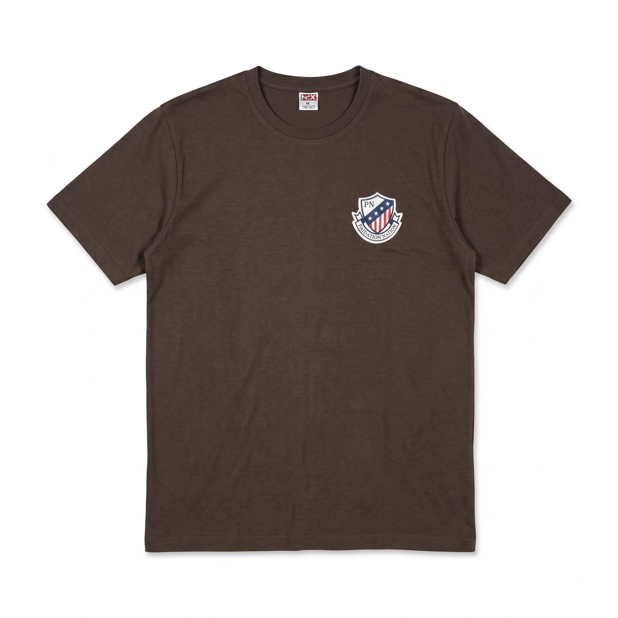 Dark brown men's crew neck short sleeve T-shirt with shield crest patch