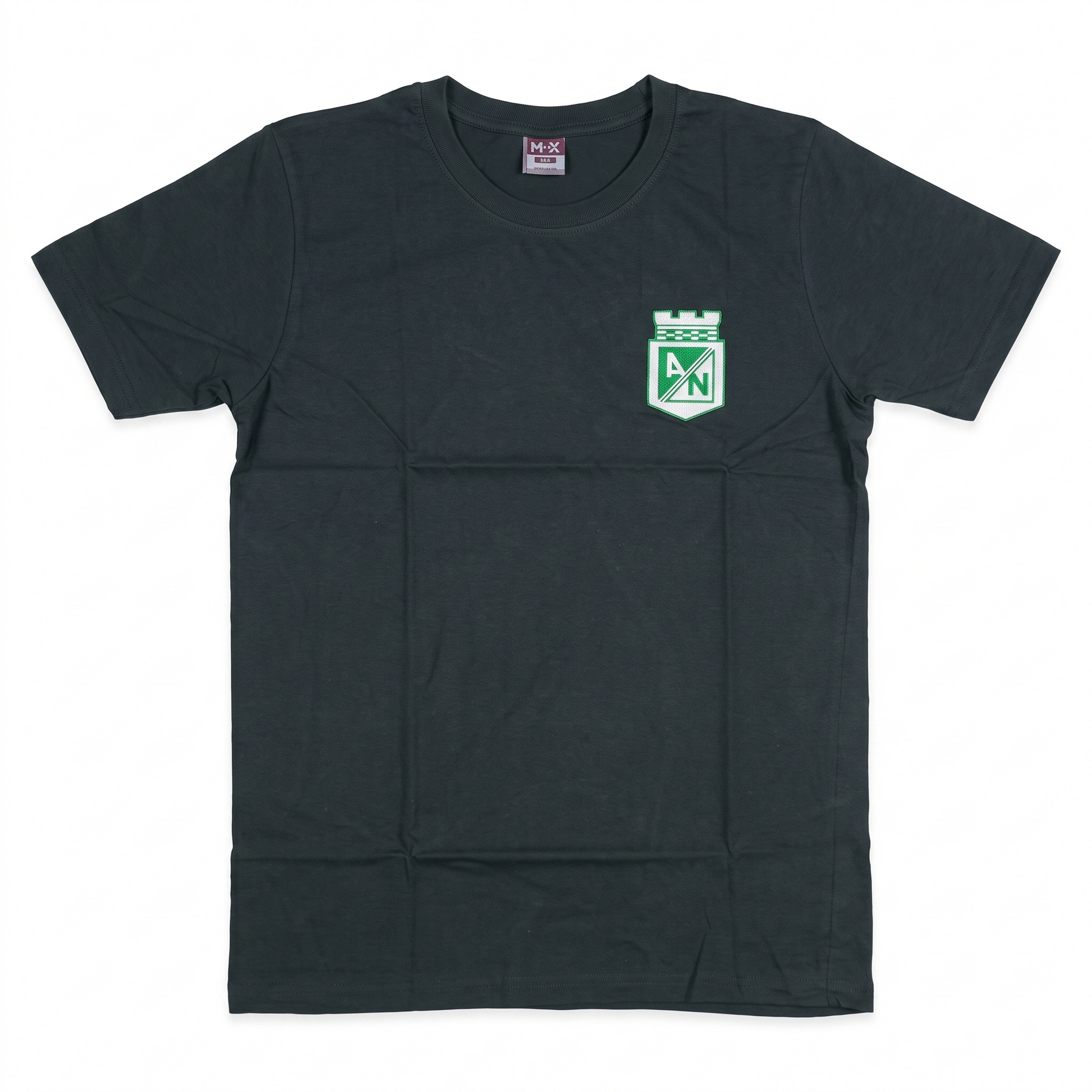 Dark grey men's crew neck short sleeve T-shirt with green crest patch