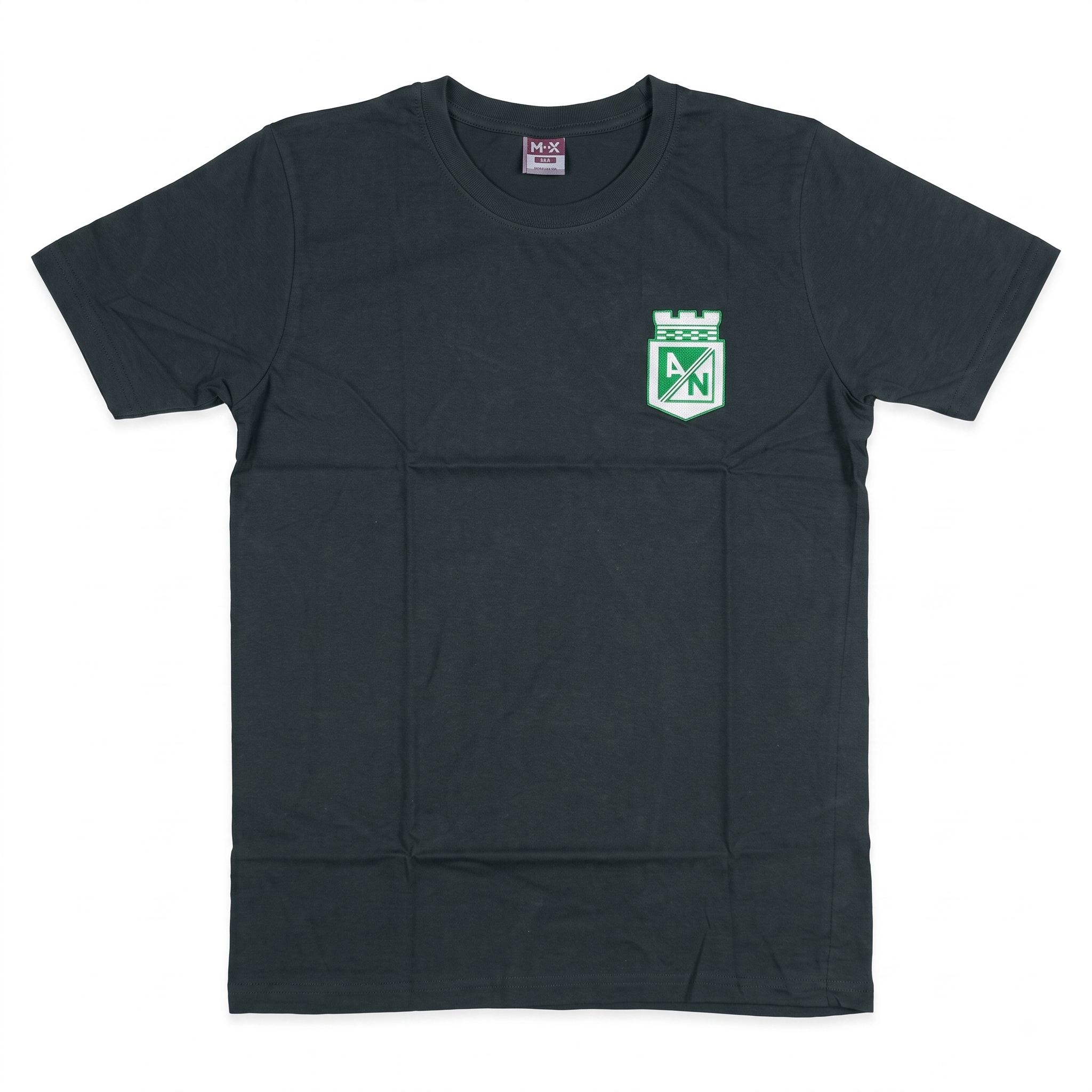 Dark grey men's crew neck short sleeve T-shirt with green crest patch