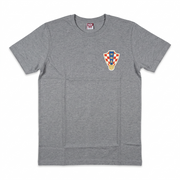 A heather gray short-sleeve crewneck t-shirt featuring a small Croatian flag crest on the left chest, displayed flat against a white background.