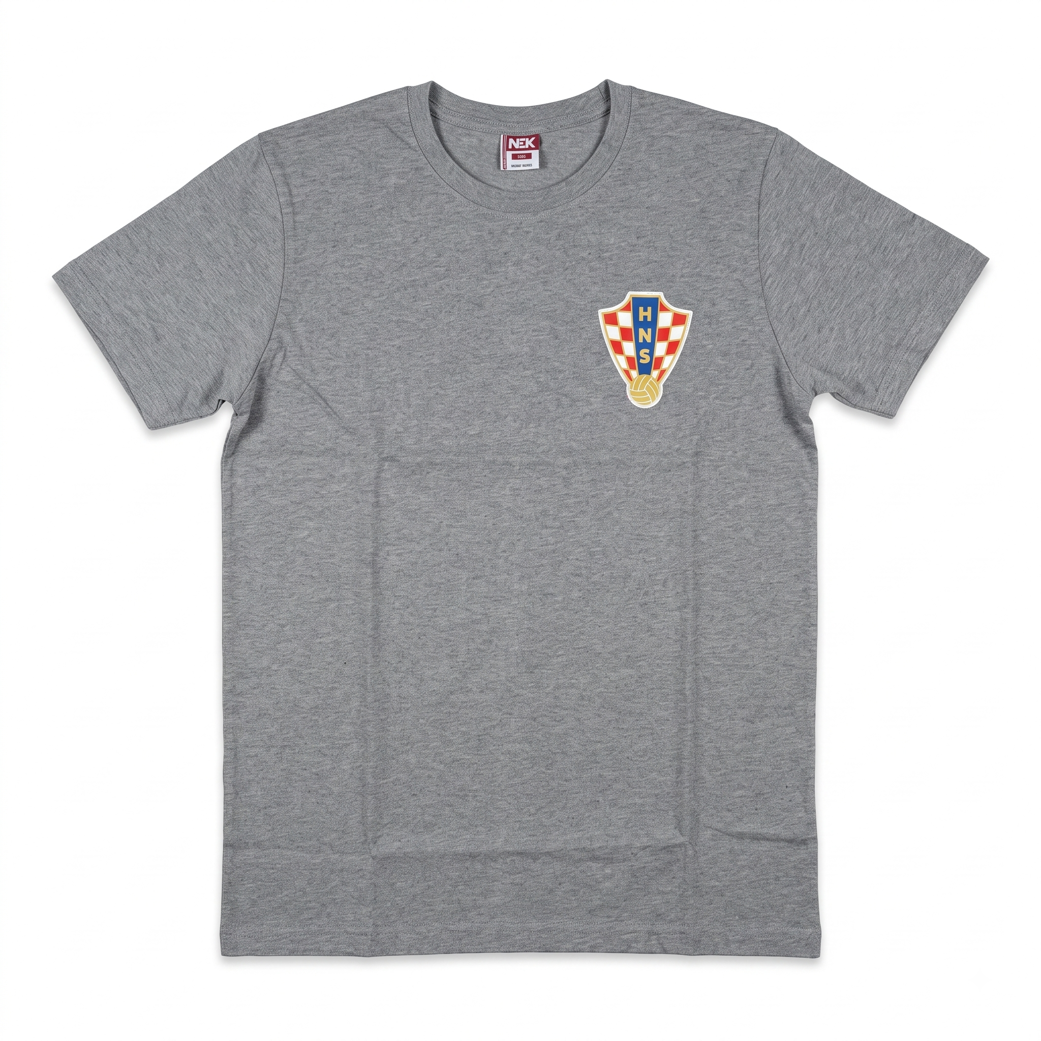 A heather gray short-sleeve crewneck t-shirt featuring a small Croatian flag crest on the left chest, displayed flat against a white background.