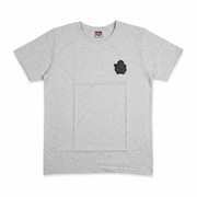 Grey men's crew neck short sleeve T-shirt with black chest patch emblem