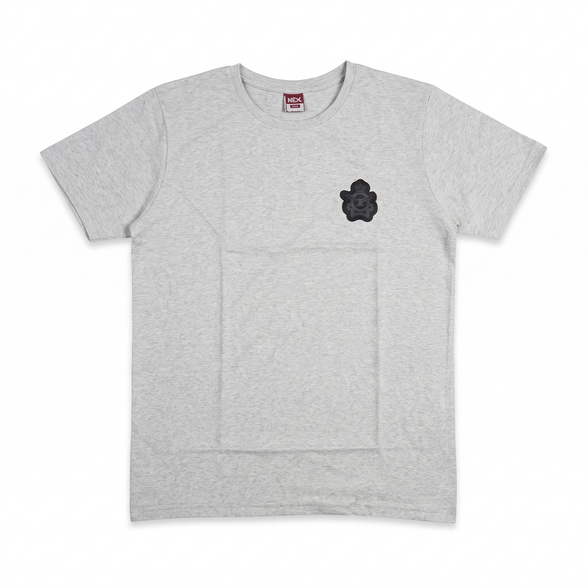 Grey men's crew neck short sleeve T-shirt with black chest patch emblem