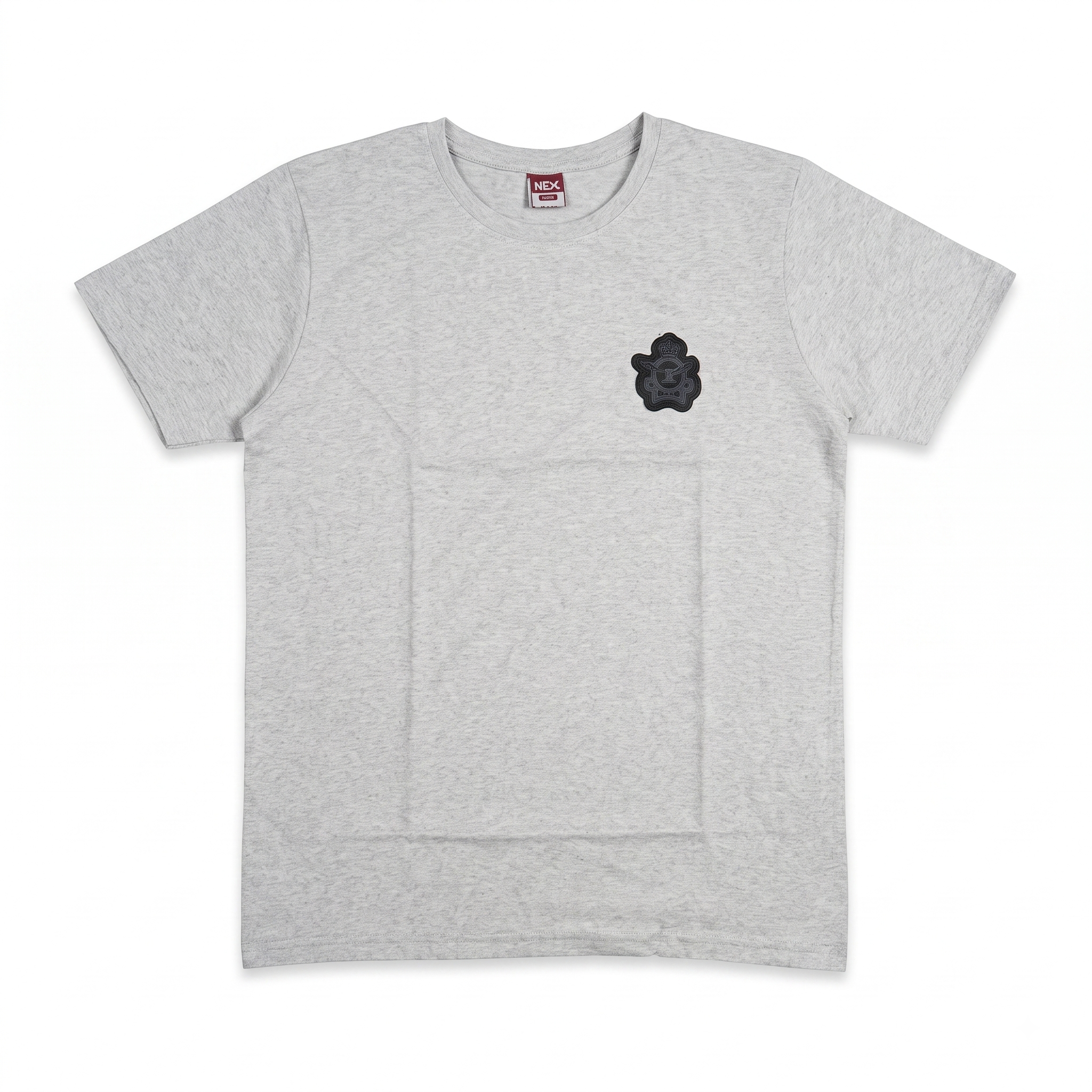 Grey men's crew neck short sleeve T-shirt with black chest patch emblem