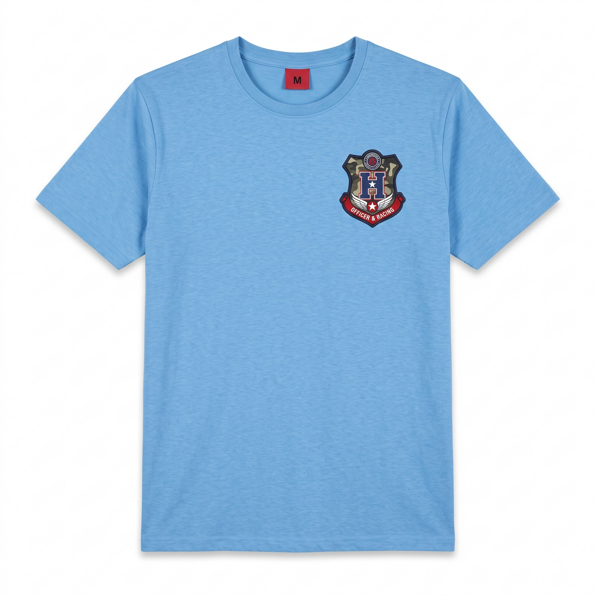 Light blue men's crew neck short sleeve T-shirt with crest chest patch
