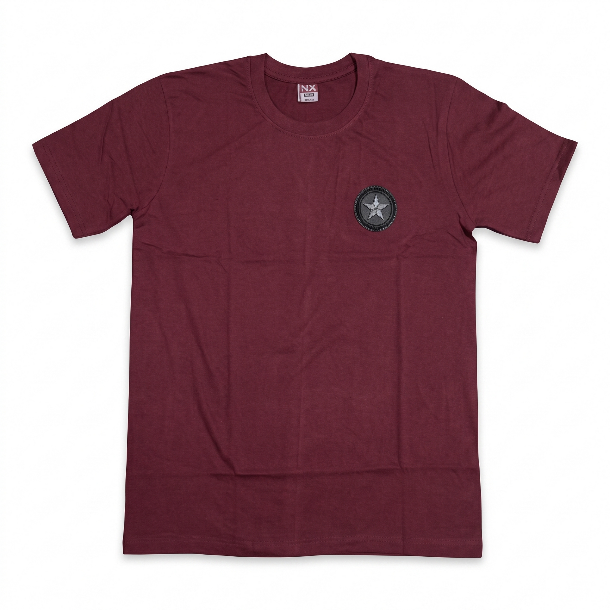 Maroon men's crew neck short sleeve T-shirt with star badge chest patch