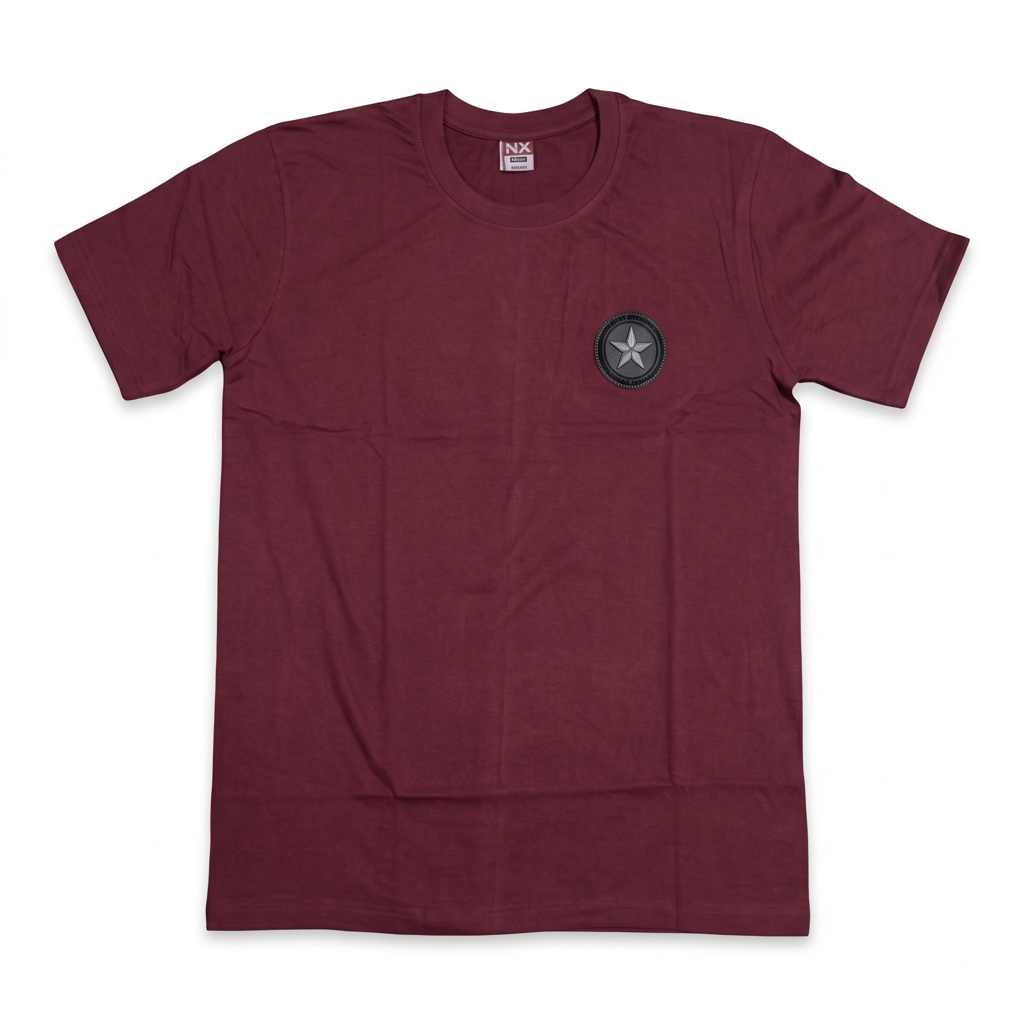 Maroon men's crew neck short sleeve T-shirt with star badge chest patch