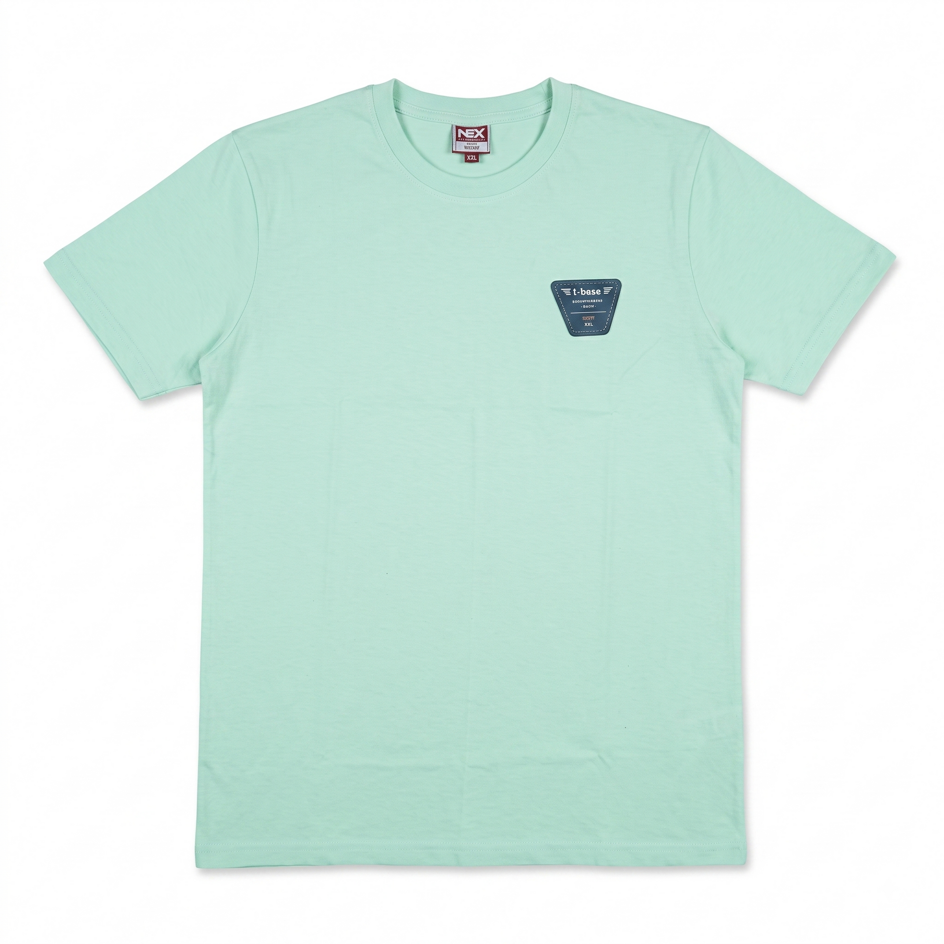 A mint green crewneck t-shirt with a small dark blue-green shield-shaped patch on the left chest containing the text 'John Deere'. The shirt is laid flat against a clean white background.
