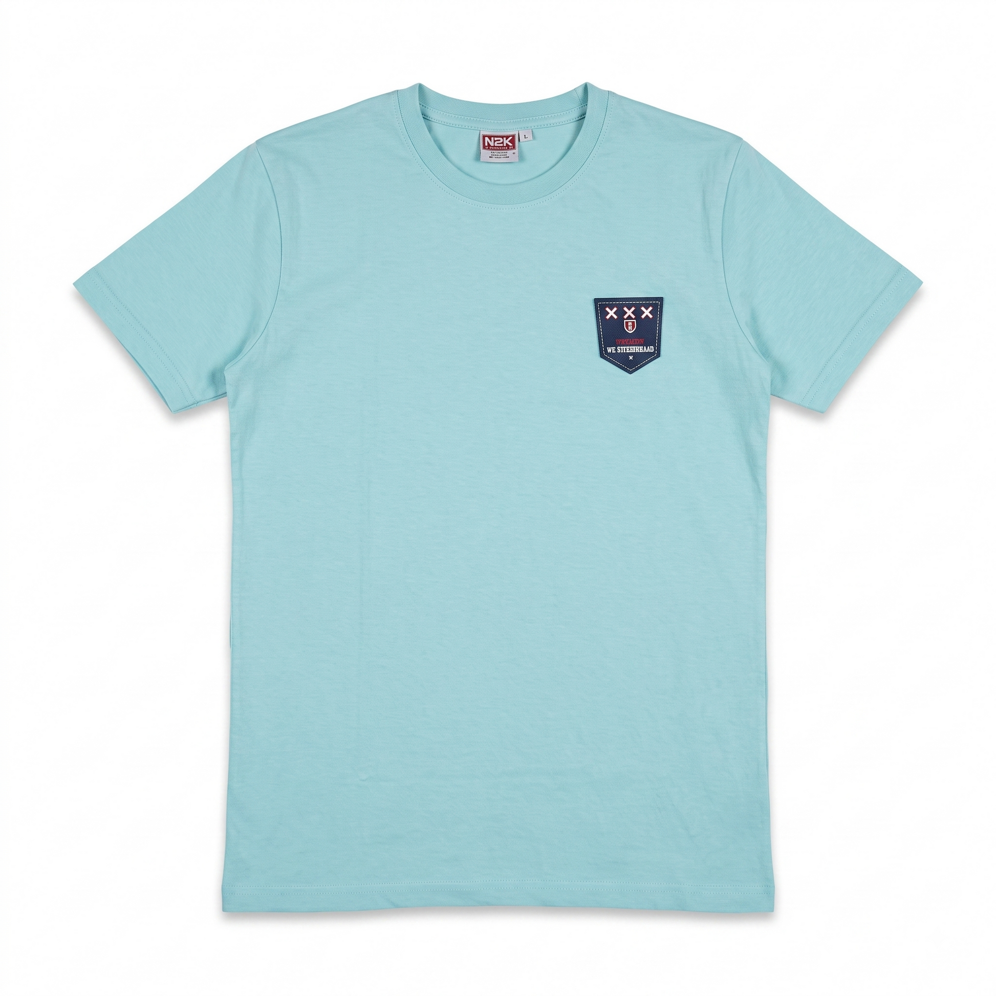 Mint green men's crew neck short sleeve T-shirt with shield chest patch