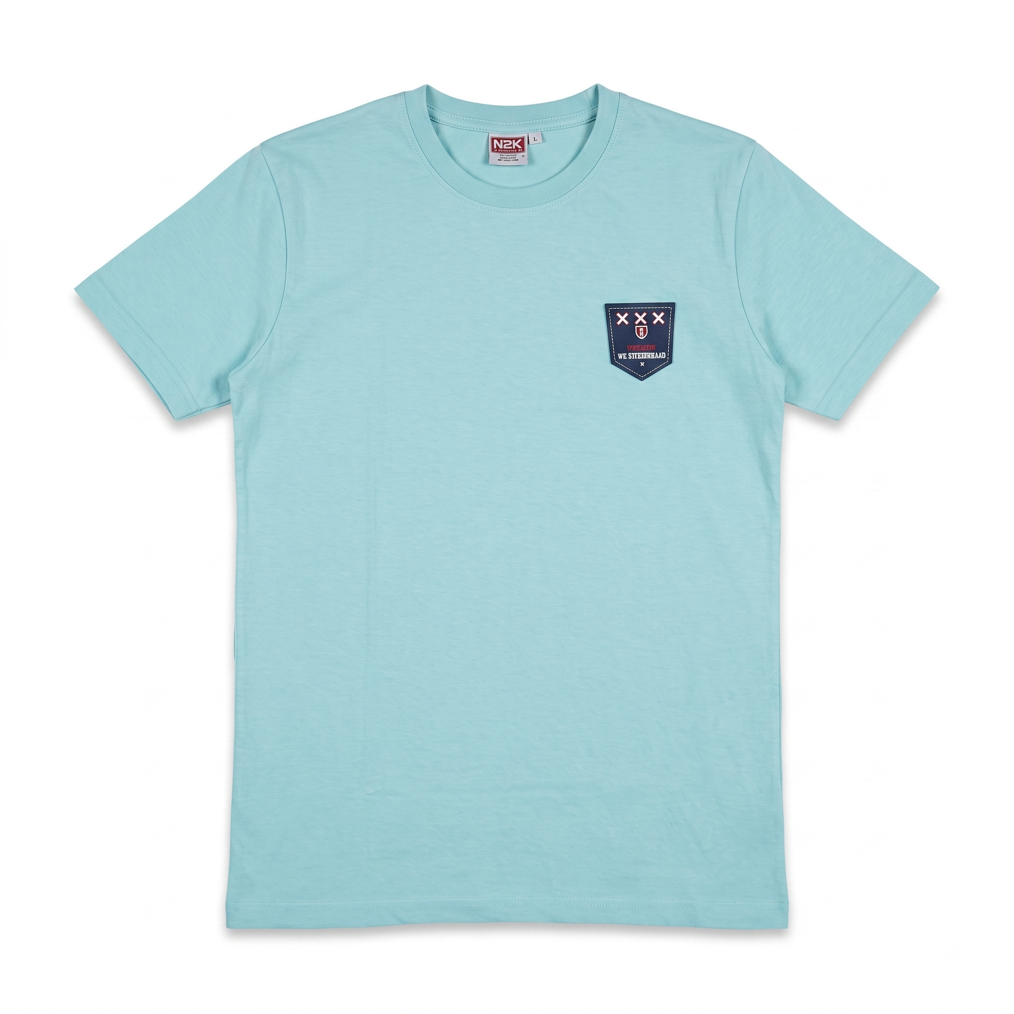 Mint green men's crew neck short sleeve T-shirt with shield chest patch