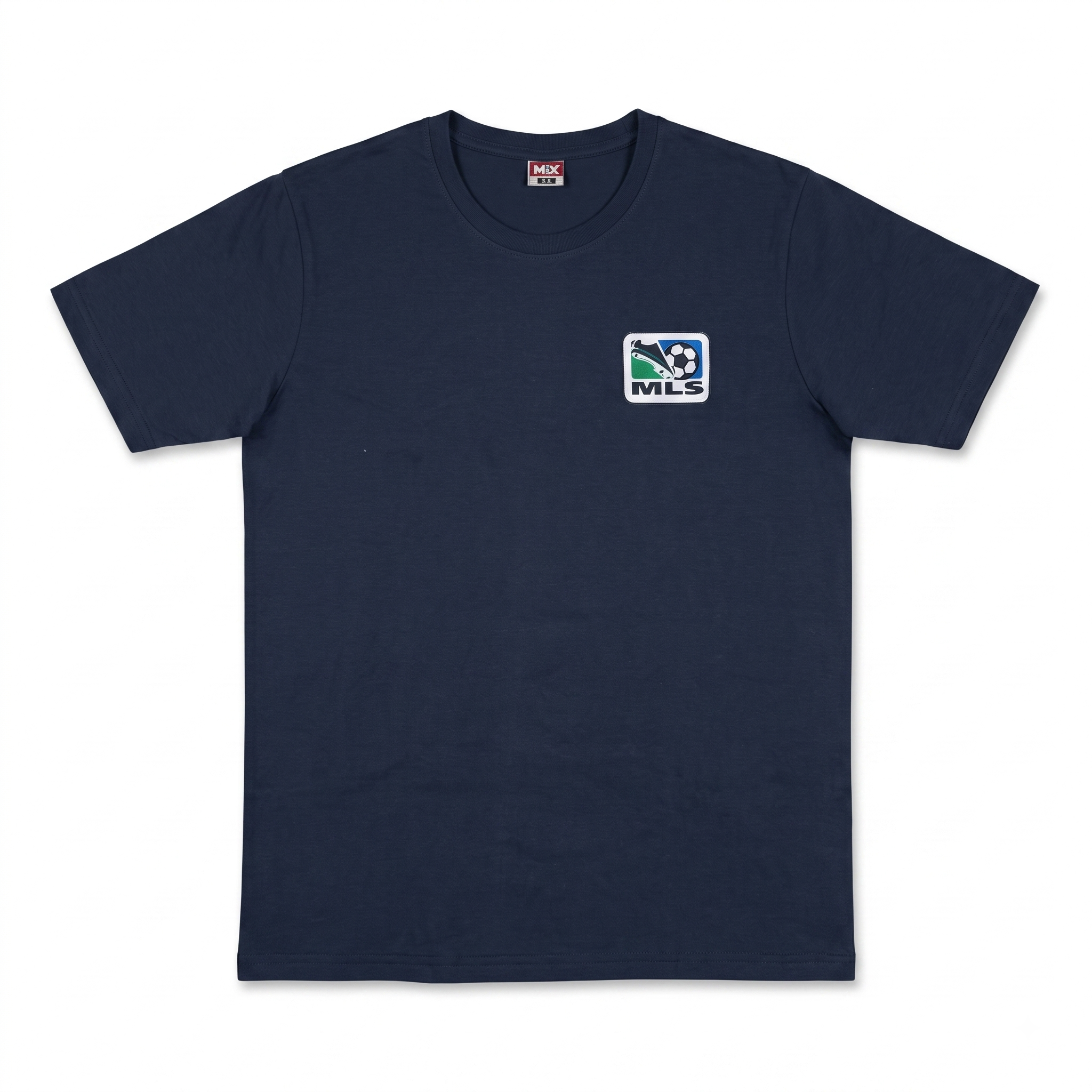 Navy blue men's crew neck short sleeve T-shirt with soccer crest patch
