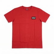 Red men's crew neck short sleeve T-shirt with 1952 patch on chest