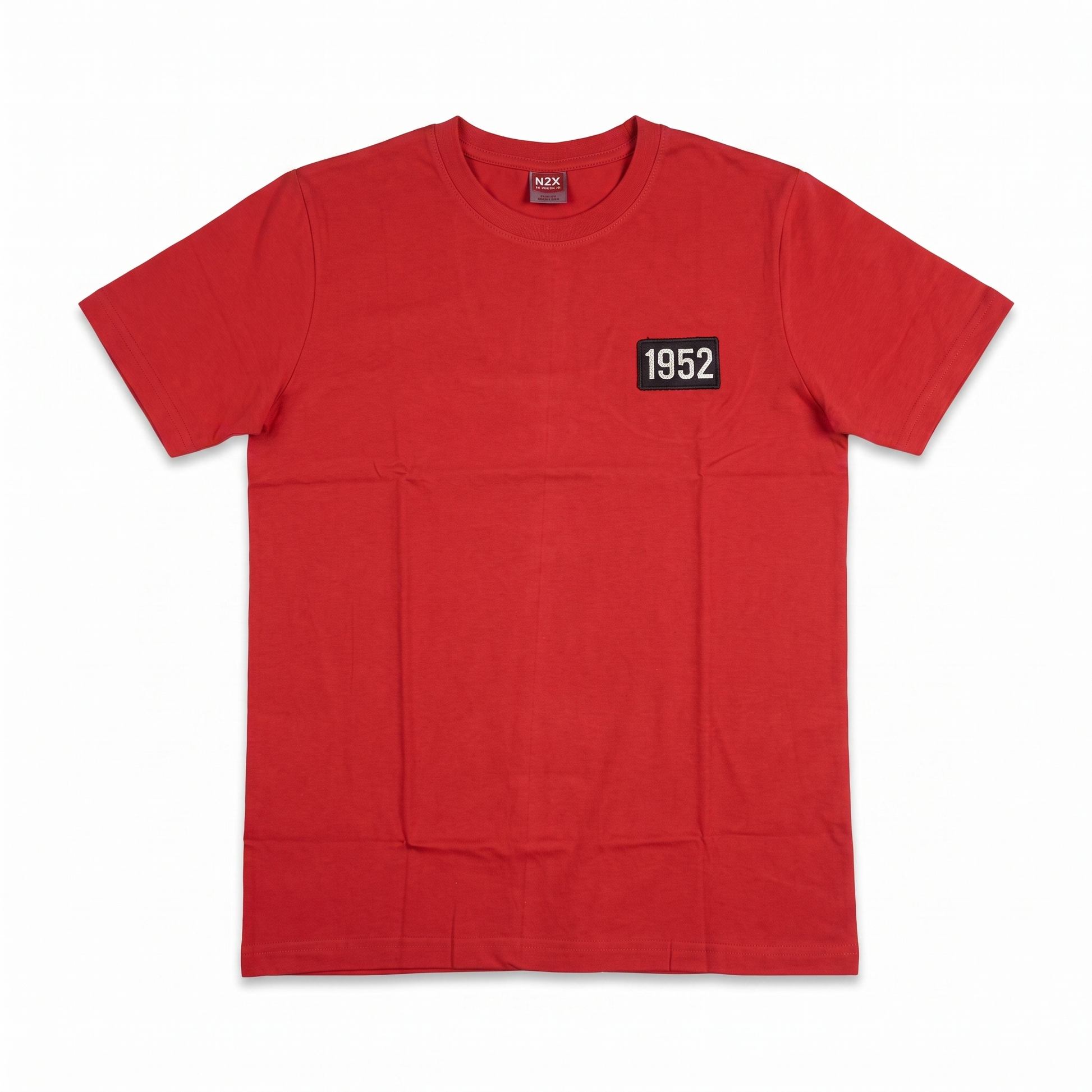 Red men's crew neck short sleeve T-shirt with 1952 patch on chest