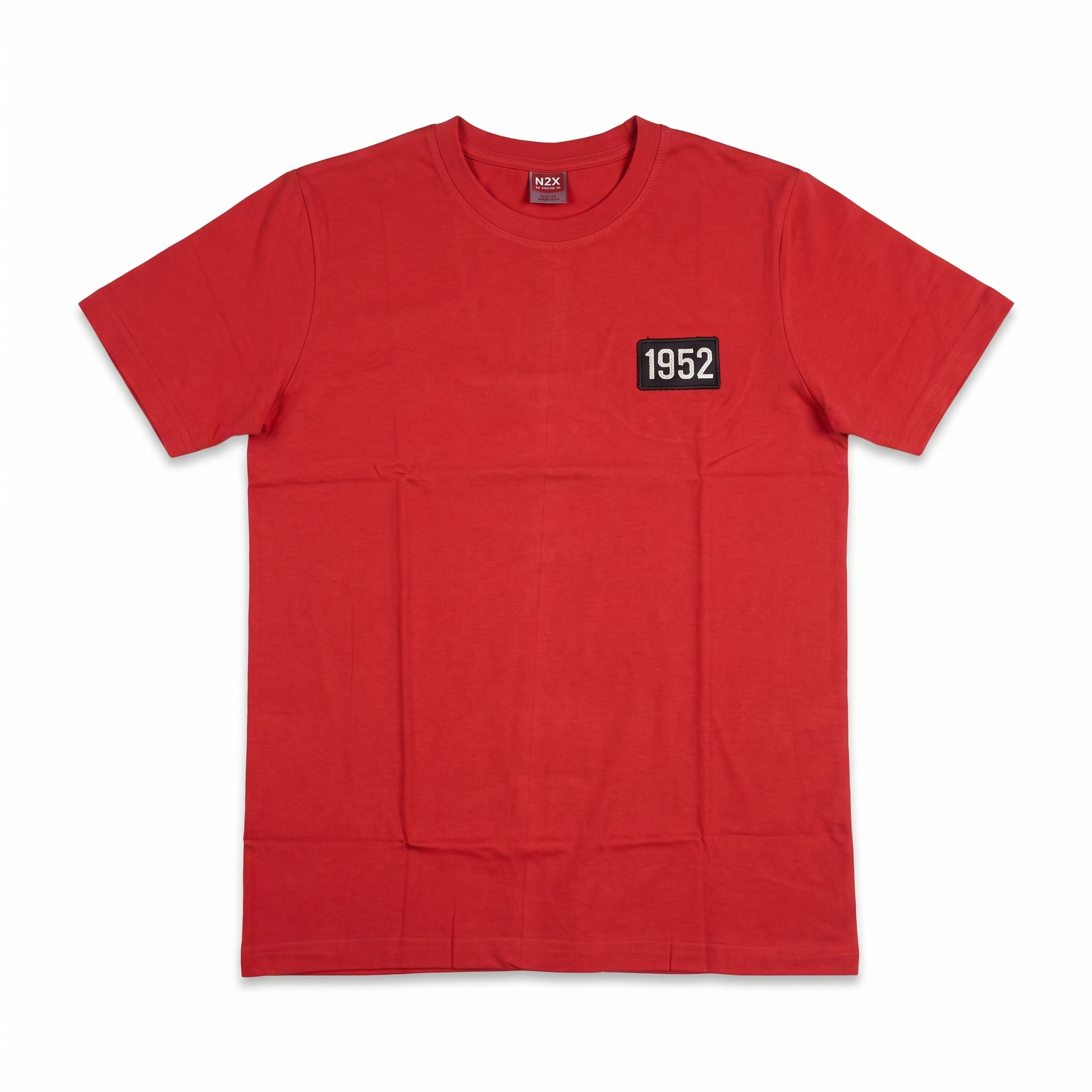Red men's crew neck short sleeve T-shirt with 1952 patch on chest