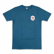 Teal blue men's crew neck short sleeve T-shirt with shield emblem patch