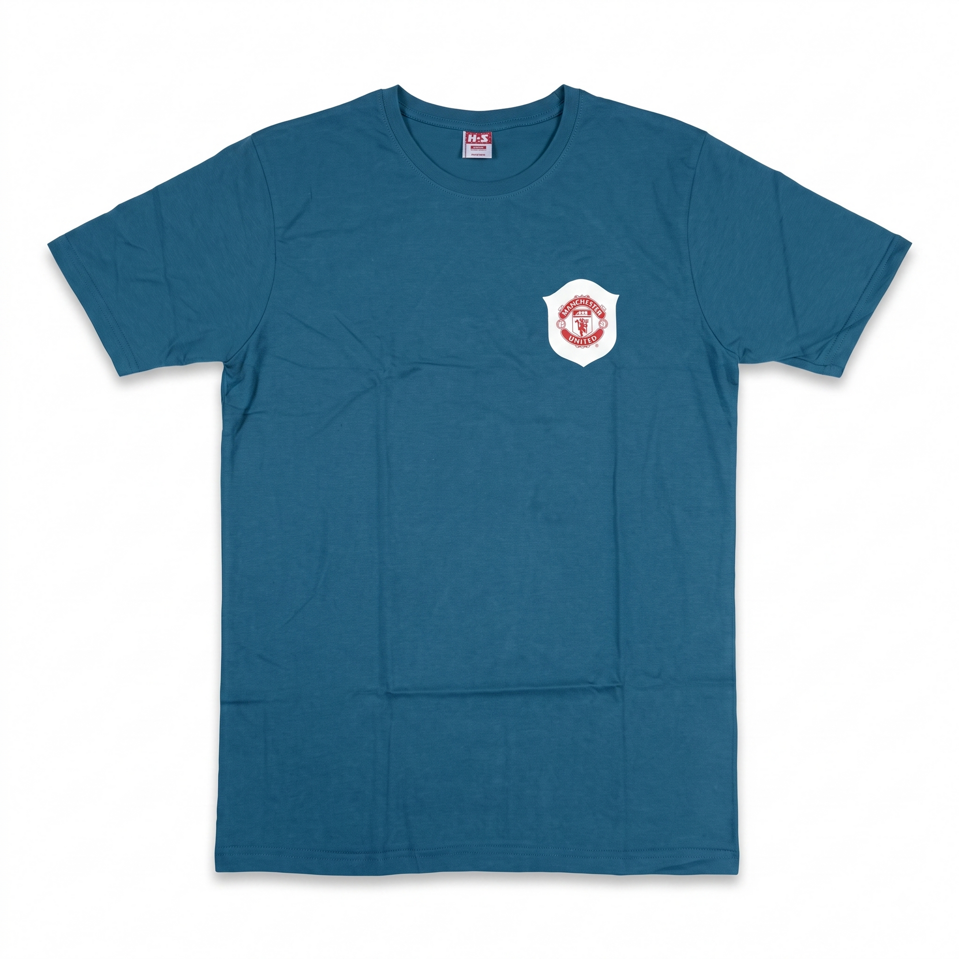 Teal blue men's crew neck short sleeve T-shirt with shield emblem patch