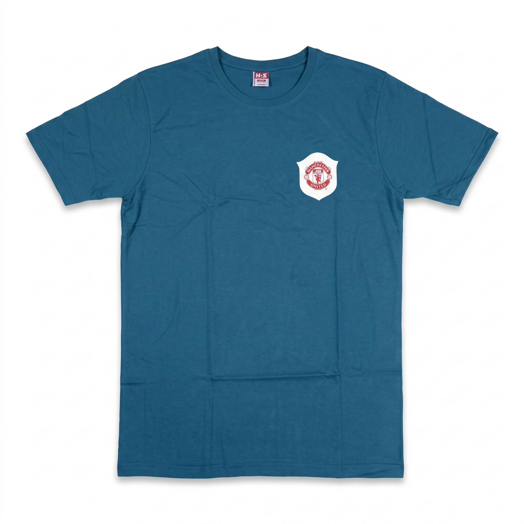 Teal blue men's crew neck short sleeve T-shirt with shield emblem patch