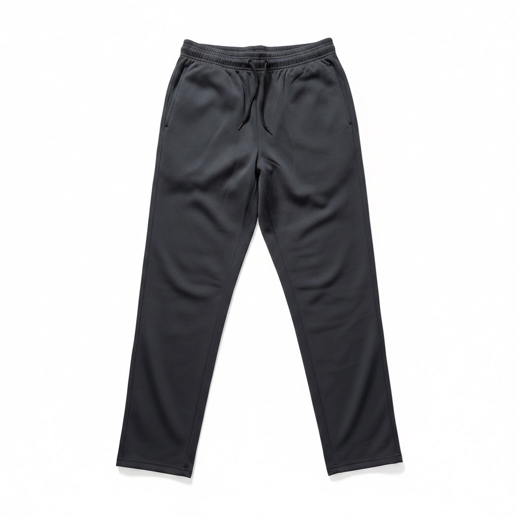 Front views of mens dark grey casual sweatpants featuring an adjustable drawstring waistband and side pockets