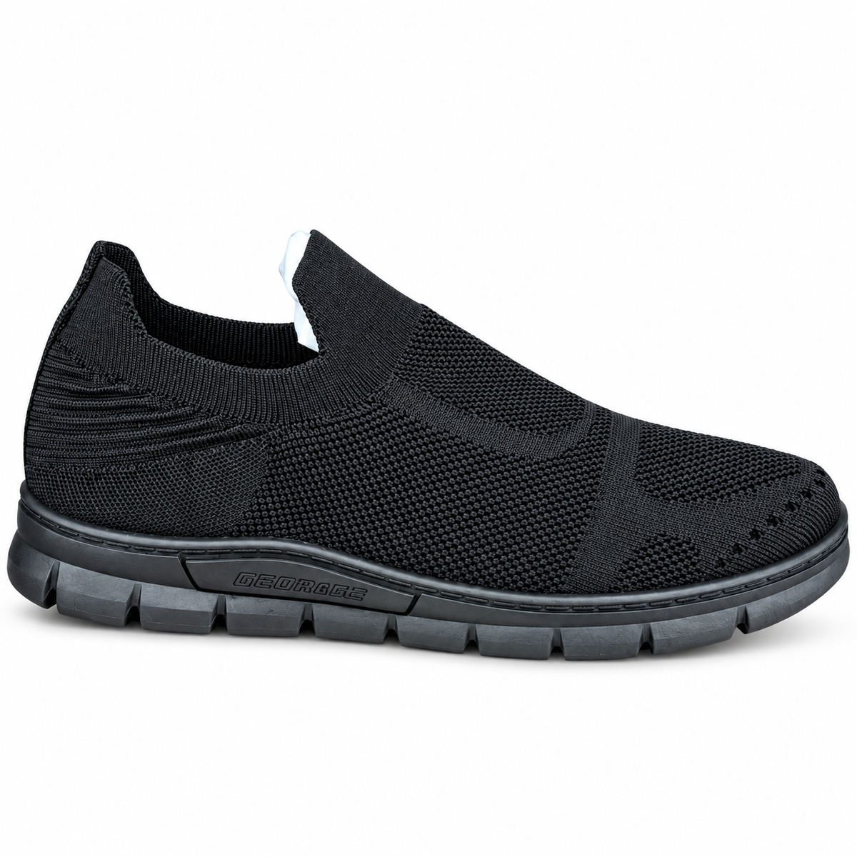 Men's black knit slip-on sneakers featuring a textured upper, laceless design and segmented dark sole – side view