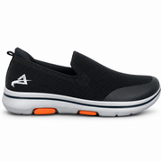 Men's black knit slip-on walking shoe with textured upper, rear pull tab and thick gray sole with orange accents – side view