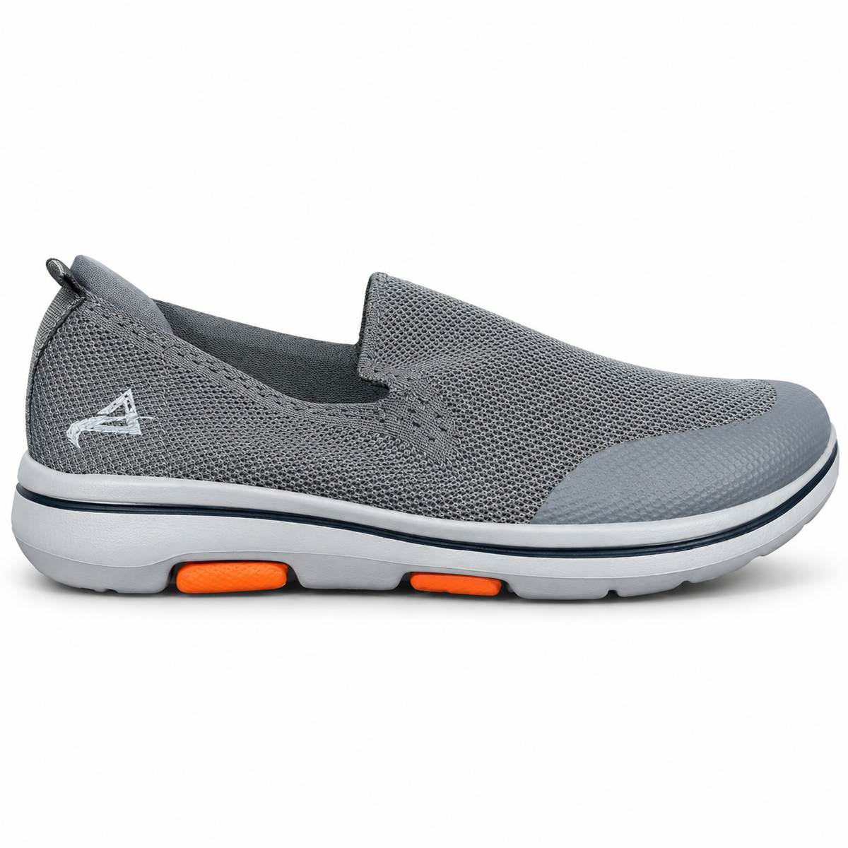Men's gray knit slip-on walking shoe with reinforced toe, thick molded sole and orange accents – side view