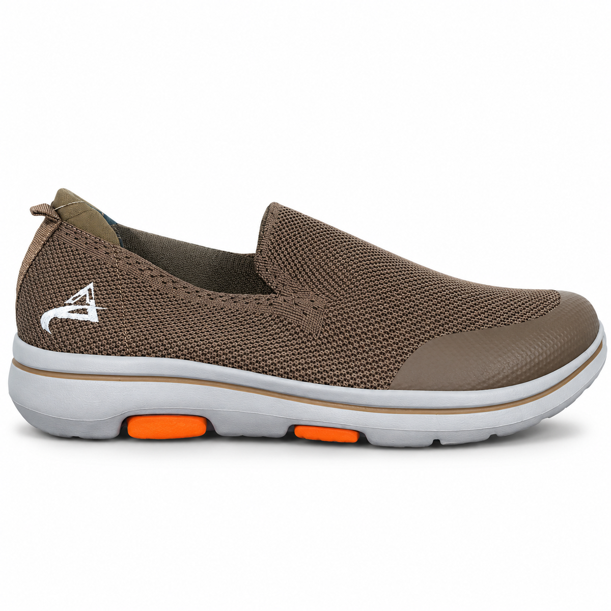 Men's khaki knit slip-on walking shoe with rounded reinforced toe, contrasting sole trim and orange accents – side view