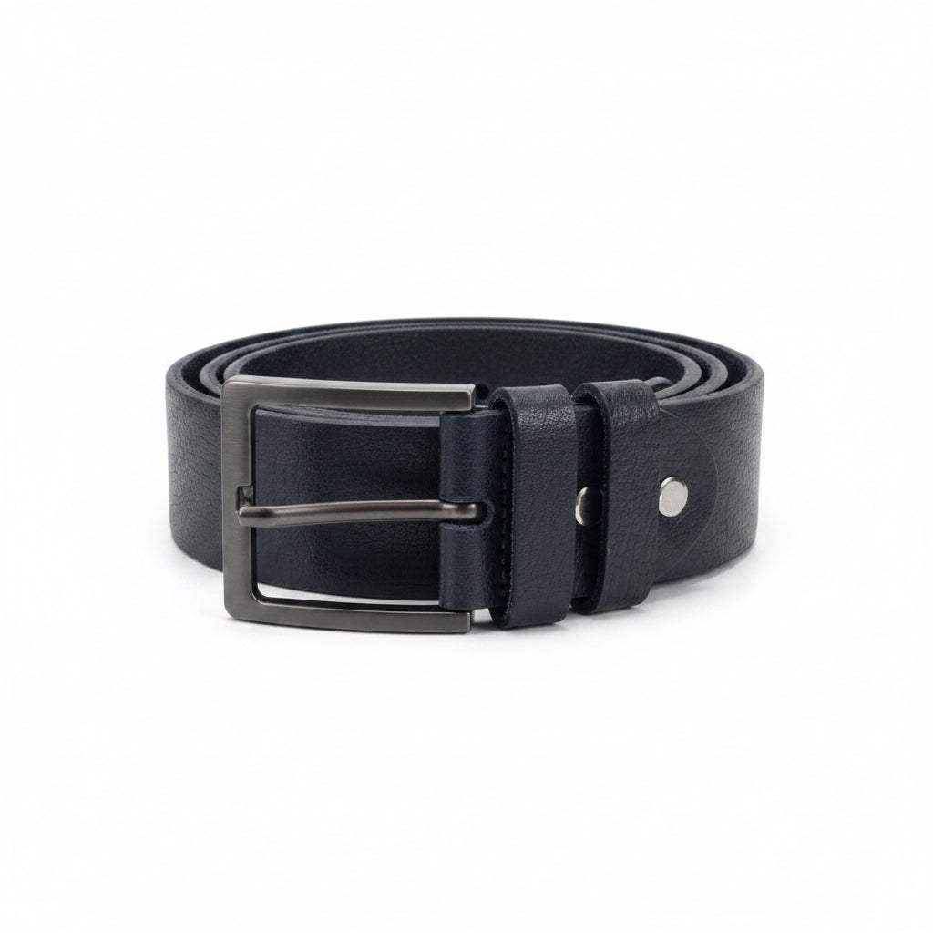 Mens black leather belt with a classic metallic buckle for casual everyday wear