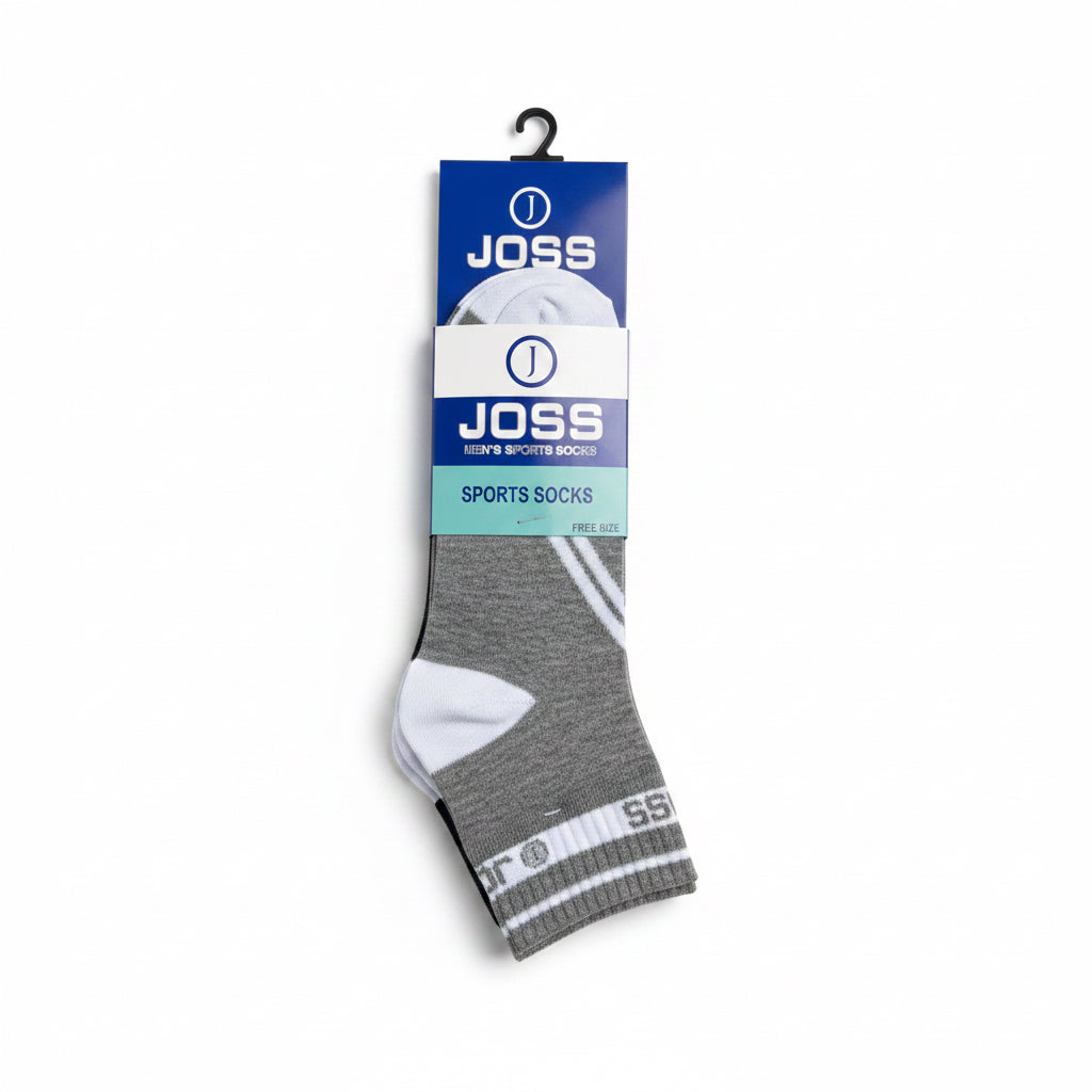 mens-quarter-sports-socks-grey-front.jpg: Front view of a 3-pack of men's grey quarter sports socks with white striped elastic bands on blue and white retail packaging.