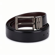 Men's reversible black and brown leather belt with gunmetal pin buckle rolled on a white background