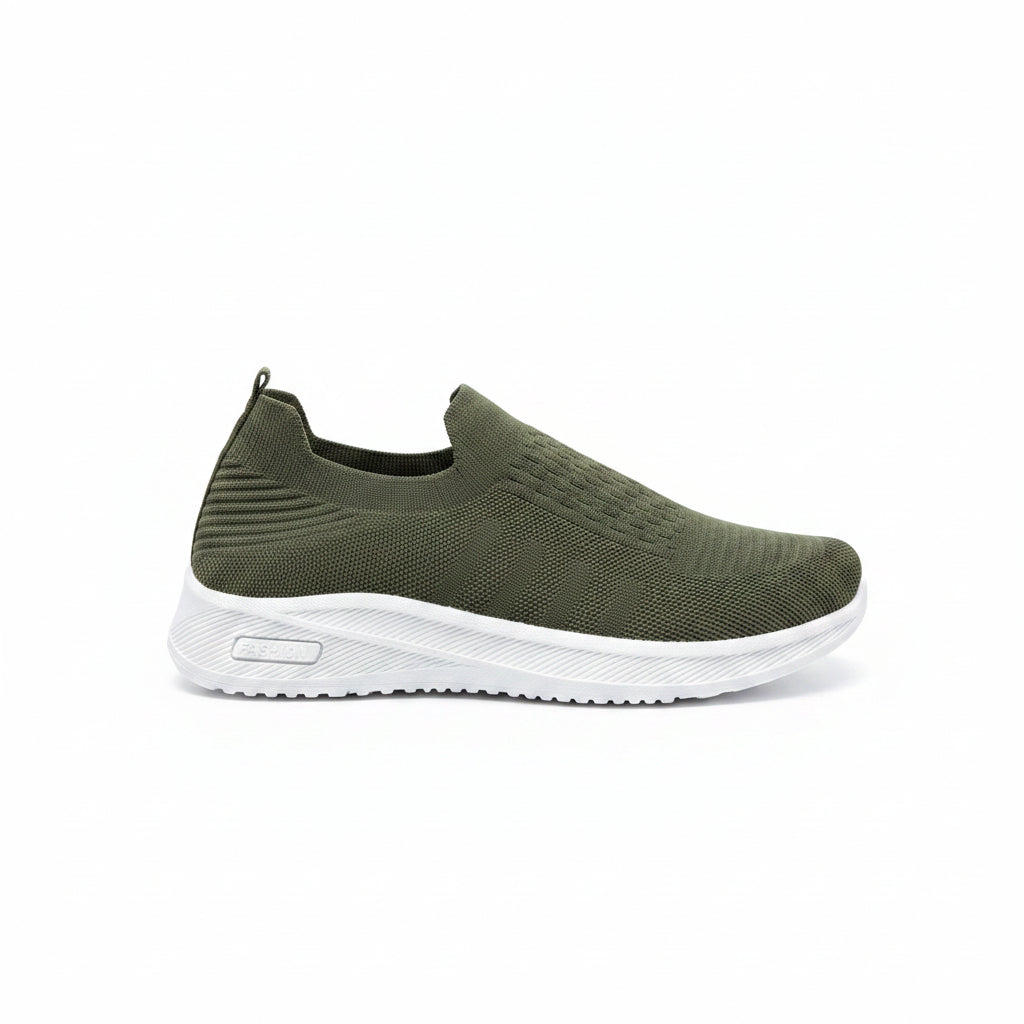 Mens green slip on walking shoes with breathable knit upper and white cushioned sole