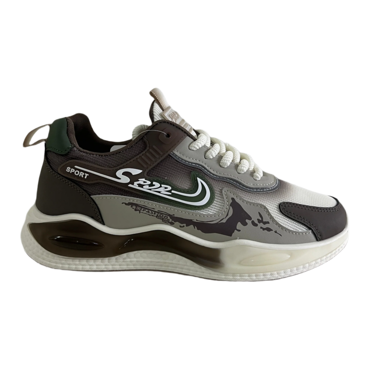 Men's Sport Chunky Sneakers in beige and khaki tones with layered upper, white laces, contrasting graphics and thick sculpted sole – side view