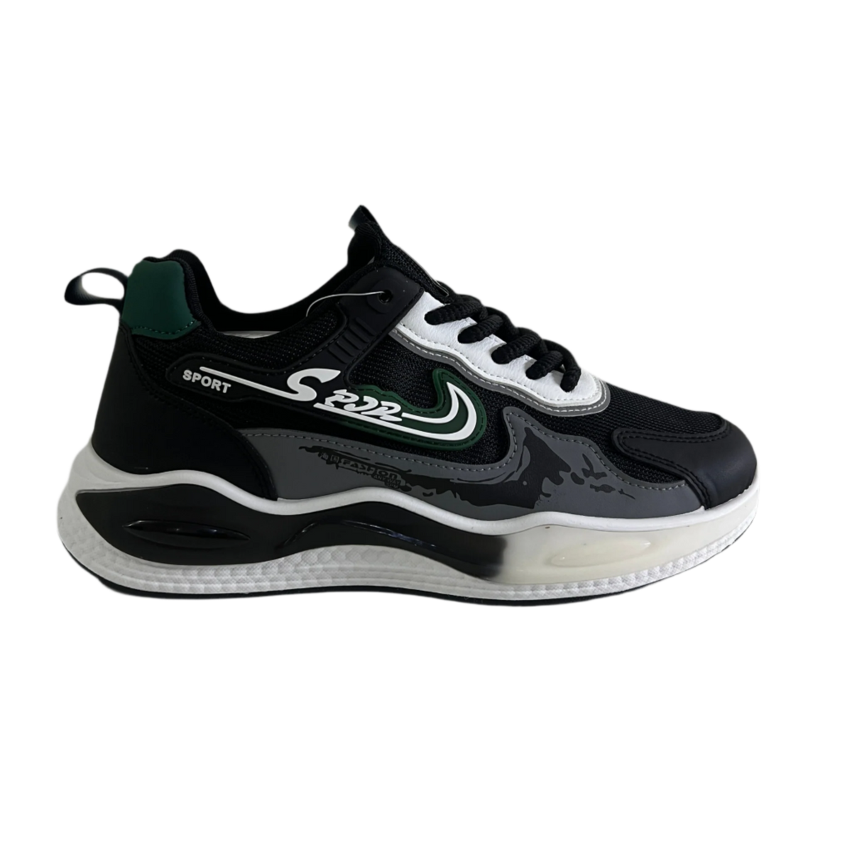 Men's Sport Chunky Sneakers in black, white and gray tones with green side accents, lace-up closure and thick sculpted sole – side view