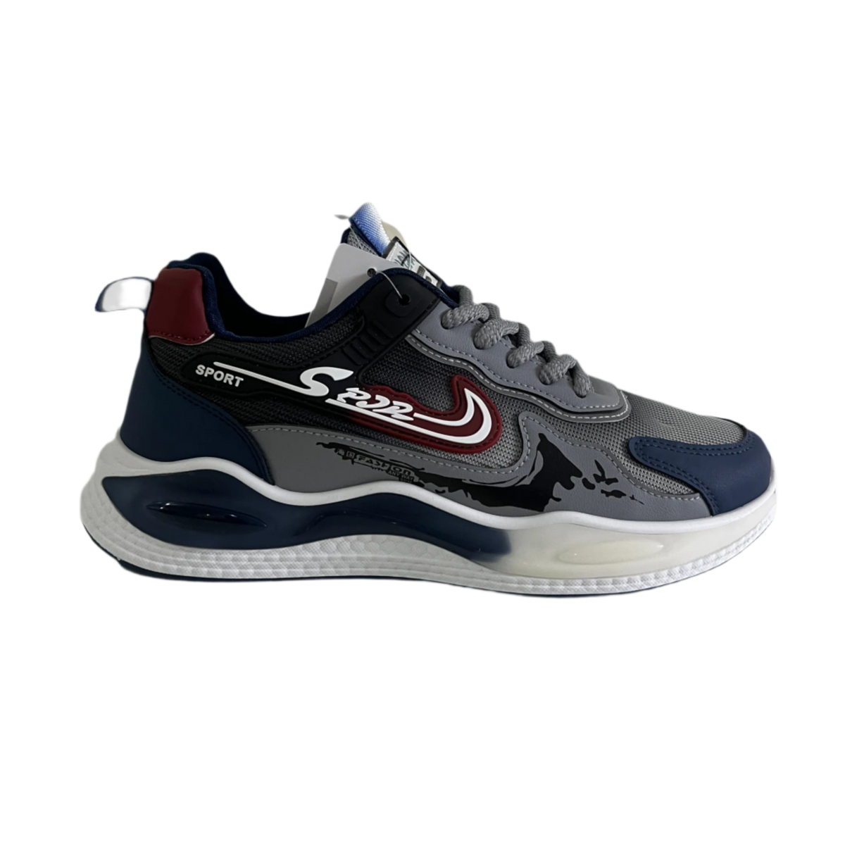 Men's Sport Chunky Sneakers in gray, navy blue and white tones with burgundy accents, lace-up closure and thick sculpted sole – side view
