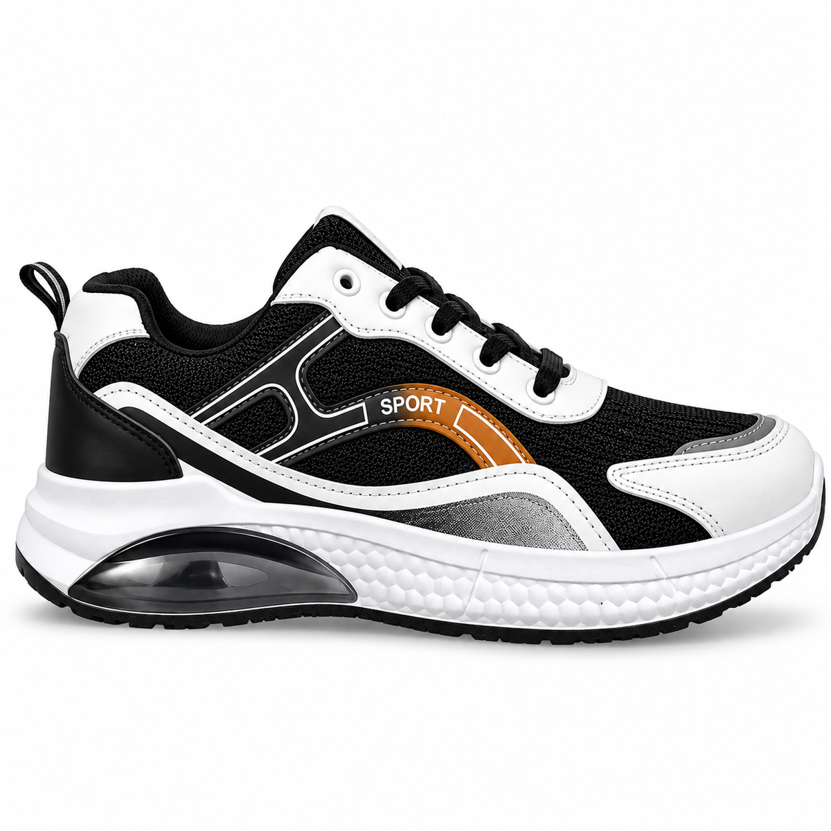 Men's black sporty lace-up sneakers with contrasting side details and sculpted sole – side view