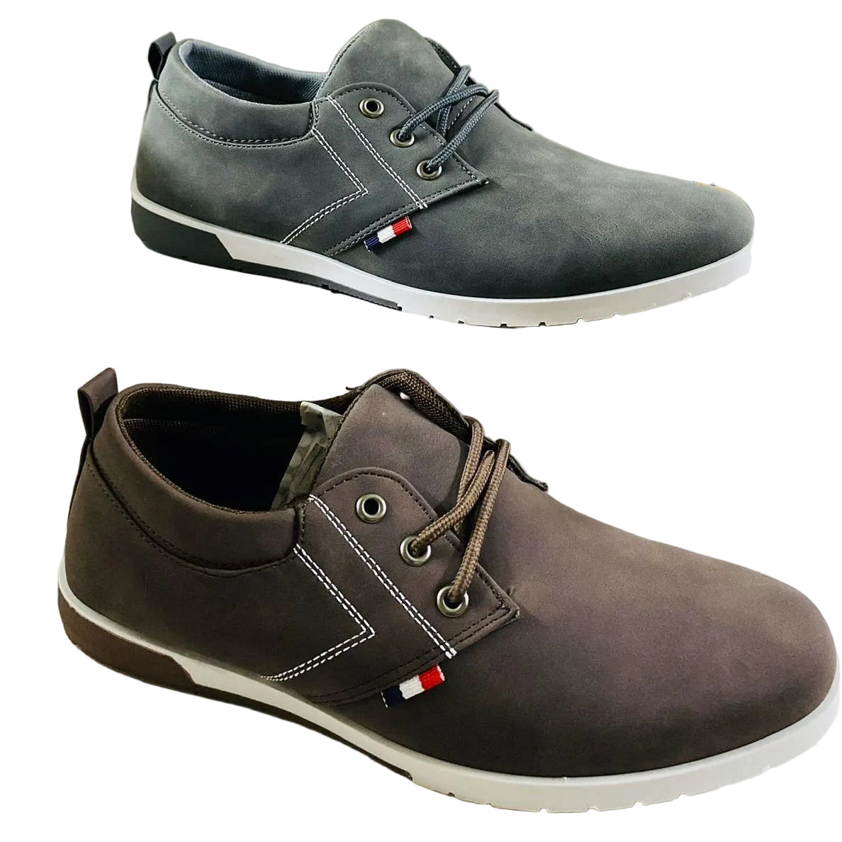 Three pairs of men's casual shoes in black, gray, and brown on a white background.